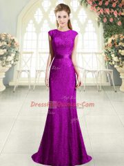 Fashion Sleeveless Sweep Train Beading and Lace Backless Prom Dresses