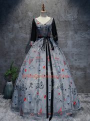 Simple Grey 3 4 Length Sleeve Printed Lace Up Ball Gown Prom Dress for Military Ball and Sweet 16 and Quinceanera