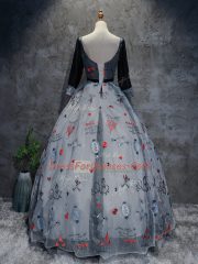 Simple Grey 3 4 Length Sleeve Printed Lace Up Ball Gown Prom Dress for Military Ball and Sweet 16 and Quinceanera