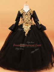 Glorious Black Ball Gowns Beading and Appliques Child Pageant Dress Tulle Long Sleeves Floor Length