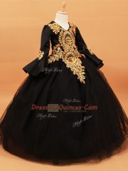 Glorious Black Ball Gowns Beading and Appliques Child Pageant Dress Tulle Long Sleeves Floor Length