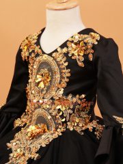 Glorious Black Ball Gowns Beading and Appliques Child Pageant Dress Tulle Long Sleeves Floor Length