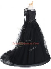 Attractive Long Sleeves Brush Train Clasp Handle Lace Little Girl Pageant Dress