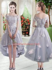 Vintage Silver Off The Shoulder Neckline Appliques Party Dress for Girls Cap Sleeves Lace Up