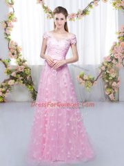 Rose Pink Empire Off The Shoulder Cap Sleeves Tulle Floor Length Lace Up Appliques Quinceanera Court Dresses