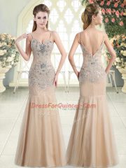 New Arrival Champagne Tulle Zipper Sleeveless Floor Length Beading