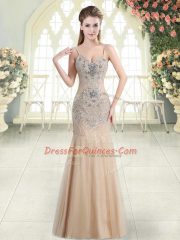 New Arrival Champagne Tulle Zipper Sleeveless Floor Length Beading