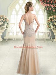 New Arrival Champagne Tulle Zipper Sleeveless Floor Length Beading
