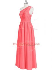 New Style Red Chiffon Zipper One Shoulder Sleeveless Floor Length Evening Dress Ruching