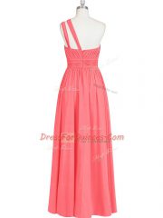 New Style Red Chiffon Zipper One Shoulder Sleeveless Floor Length Evening Dress Ruching