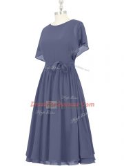 Blue Zipper Scoop Bowknot Prom Dresses Chiffon Short Sleeves