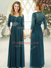 Chiffon Sweetheart Short Sleeves Sweep Train Zipper Beading and Ruching Custom Made in Teal