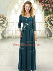 Chiffon Sweetheart Short Sleeves Sweep Train Zipper Beading and Ruching Custom Made in Teal