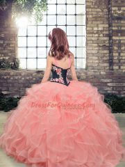 Pretty Lavender Tulle Lace Up Straps Sleeveless Floor Length Little Girls Pageant Gowns Embroidery and Ruffles