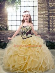 Charming Champagne Lace Up Little Girls Pageant Dress Wholesale Embroidery and Ruffles Sleeveless Floor Length