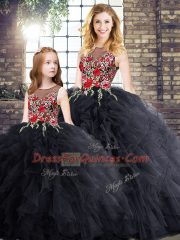Chic Black Sleeveless Embroidery and Ruffles Floor Length Quinceanera Gown