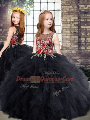 Chic Black Sleeveless Embroidery and Ruffles Floor Length Quinceanera Gown
