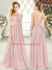 Amazing Pink Empire Halter Top Sleeveless Chiffon Floor Length Criss Cross Ruching Prom Gown