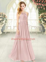 Amazing Pink Empire Halter Top Sleeveless Chiffon Floor Length Criss Cross Ruching Prom Gown