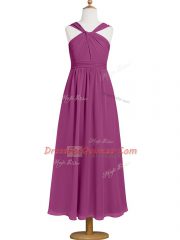 Simple Fuchsia Straps Neckline Ruching Prom Dress Sleeveless Zipper