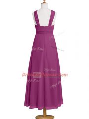 Simple Fuchsia Straps Neckline Ruching Prom Dress Sleeveless Zipper