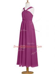 Simple Fuchsia Straps Neckline Ruching Prom Dress Sleeveless Zipper