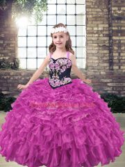 Fuchsia Sleeveless Embroidery and Ruffled Layers Floor Length Little Girls Pageant Dress Wholesale