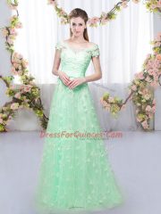 Spectacular Tulle Off The Shoulder Cap Sleeves Lace Up Appliques Quinceanera Court Dresses in Apple Green