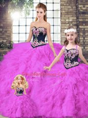 Fuchsia Ball Gowns Sweetheart Sleeveless Tulle Floor Length Lace Up Beading and Embroidery Quince Ball Gowns
