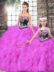 Fuchsia Ball Gowns Sweetheart Sleeveless Tulle Floor Length Lace Up Beading and Embroidery Quince Ball Gowns