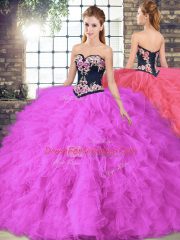 Fuchsia Ball Gowns Sweetheart Sleeveless Tulle Floor Length Lace Up Beading and Embroidery Quince Ball Gowns