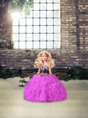 Fuchsia Ball Gowns Sweetheart Sleeveless Tulle Floor Length Lace Up Beading and Embroidery Quince Ball Gowns