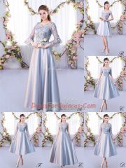 Silver Scoop Neckline Lace Quinceanera Dama Dress 3 4 Length Sleeve Lace Up