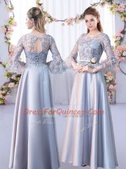 Silver Scoop Neckline Lace Quinceanera Dama Dress 3 4 Length Sleeve Lace Up