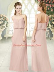 Pretty Spaghetti Straps Sleeveless Prom Party Dress Floor Length Ruching Pink Chiffon