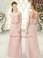 Pretty Spaghetti Straps Sleeveless Prom Party Dress Floor Length Ruching Pink Chiffon