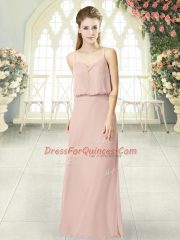 Pretty Spaghetti Straps Sleeveless Prom Party Dress Floor Length Ruching Pink Chiffon