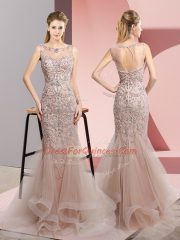 Brown Tulle Zipper Scoop Sleeveless Floor Length Dress for Prom Beading