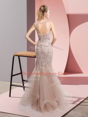 Brown Tulle Zipper Scoop Sleeveless Floor Length Dress for Prom Beading