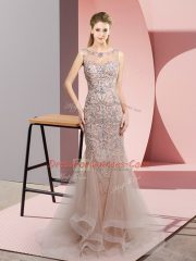 Brown Tulle Zipper Scoop Sleeveless Floor Length Dress for Prom Beading