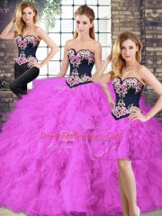 Modern Fuchsia Three Pieces Sweetheart Sleeveless Tulle Floor Length Lace Up Beading and Embroidery Quince Ball Gowns