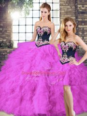 Modern Fuchsia Three Pieces Sweetheart Sleeveless Tulle Floor Length Lace Up Beading and Embroidery Quince Ball Gowns