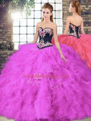 Modern Fuchsia Three Pieces Sweetheart Sleeveless Tulle Floor Length Lace Up Beading and Embroidery Quince Ball Gowns