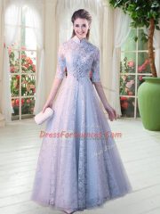 Grey High-neck Neckline Beading Prom Evening Gown Half Sleeves Zipper