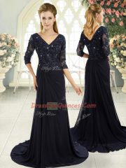 Fitting Chiffon Half Sleeves Prom Dresses Sweep Train and Beading and Lace and Appliques