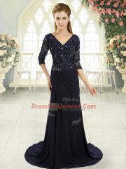 Fitting Chiffon Half Sleeves Prom Dresses Sweep Train and Beading and Lace and Appliques