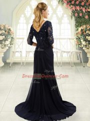 Fitting Chiffon Half Sleeves Prom Dresses Sweep Train and Beading and Lace and Appliques