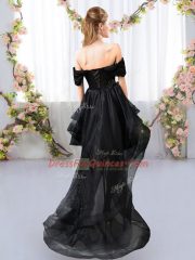 Black Off The Shoulder Neckline Lace and Ruffled Layers Court Dresses for Sweet 16 Short Sleeves Lace Up