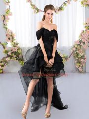 Black Off The Shoulder Neckline Lace and Ruffled Layers Court Dresses for Sweet 16 Short Sleeves Lace Up