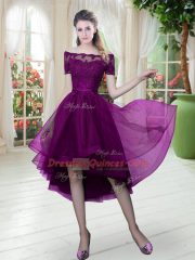 Short Sleeves Lace Up High Low Lace Evening Dress